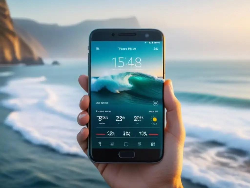 Una imagen minimalista de un smartphone moderno con una interfaz de aplicación móvil temática náutica