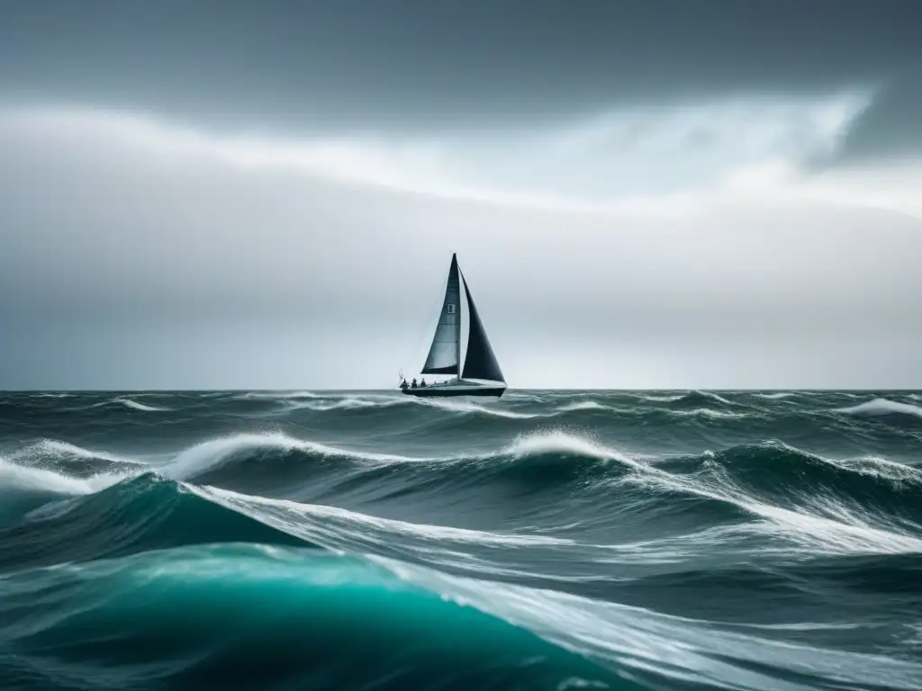 Una imagen minimalista detalla un velero luchando contra las olas en el mar