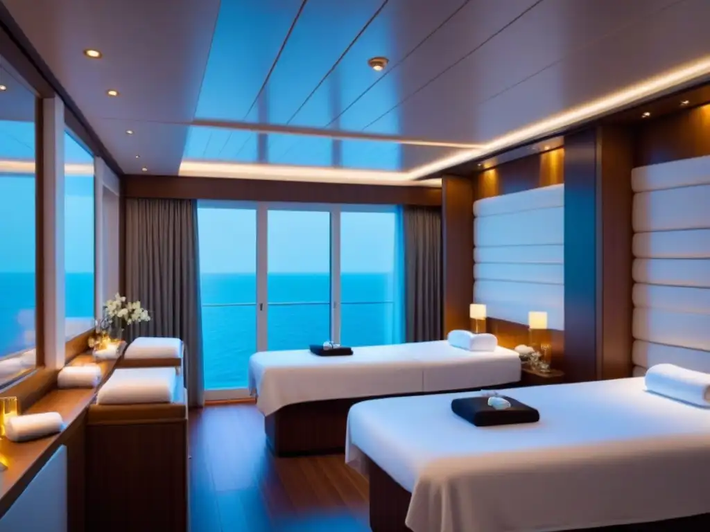 Imagen relajante de un lujoso spa en un crucero, con luces suaves, camas de relax blancas y toallas impecables