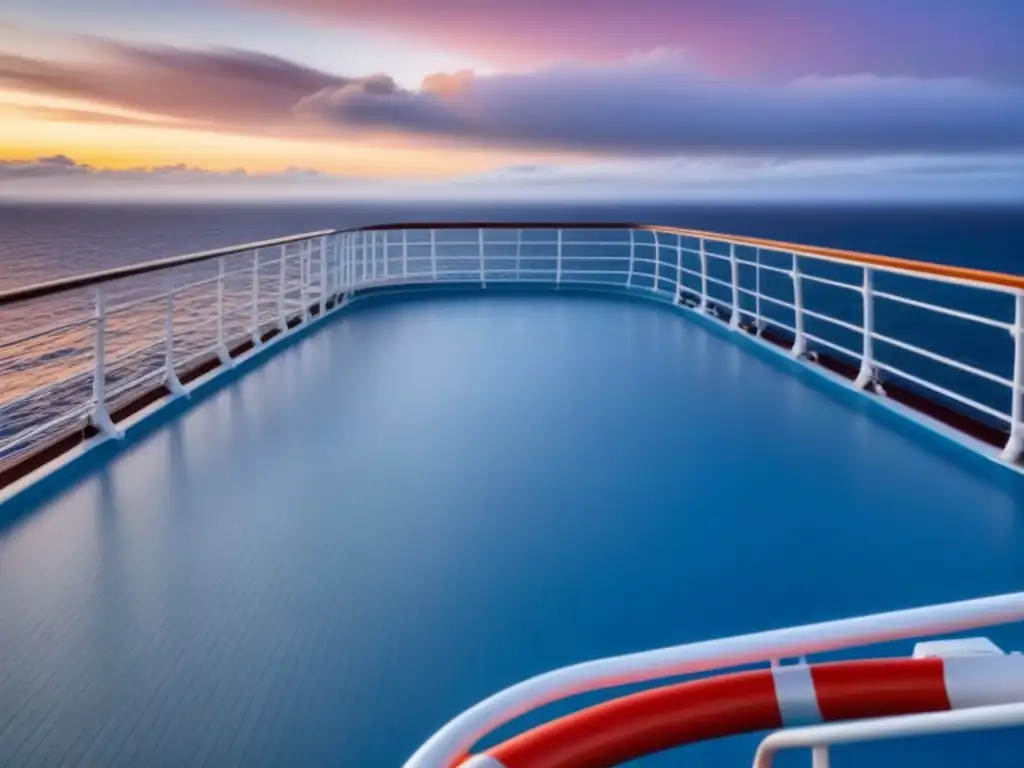 Imagen serena de cubierta de crucero al anochecer con un salvavidas solitario, simbolizando medidas de seguridad