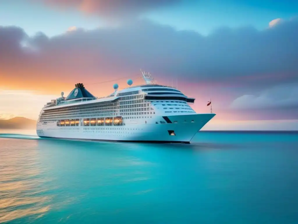 Una imagen serena de un lujoso crucero deslizándose por aguas turquesas, con un cielo al atardecer de tonos pastel