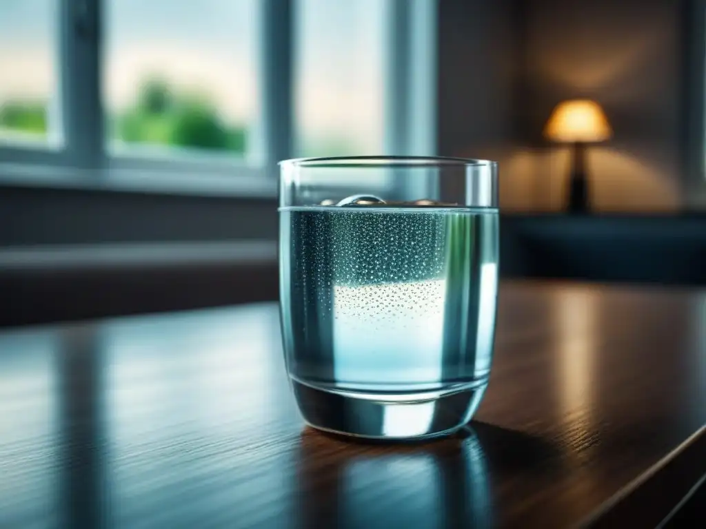 Una imagen serena y minimalista de un vaso de agua cristalina sobre una mesa moderna