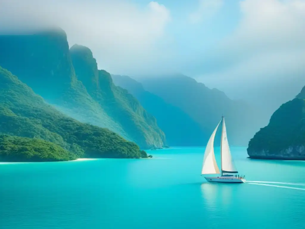 Una imagen serena y minimalista de un velero deslizándose pacíficamente en aguas turquesa cristalinas, con una costa verde exuberante al fondo