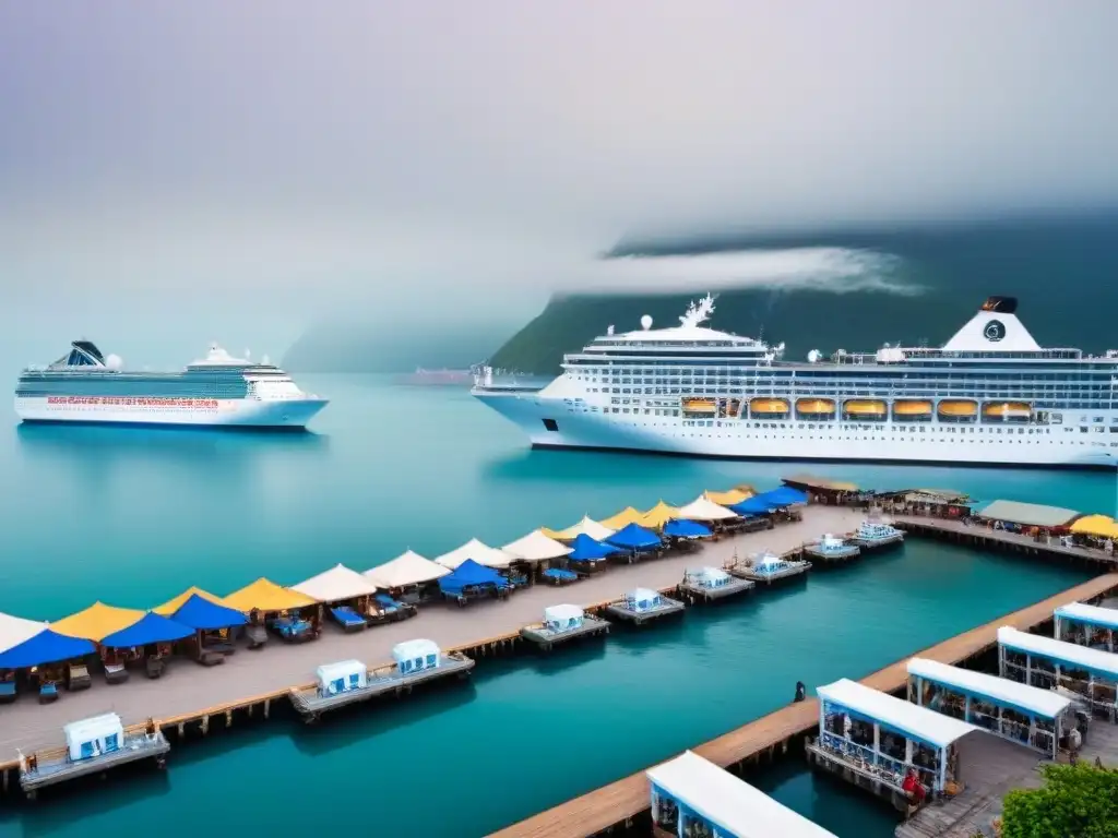 Una imagen serena de un puerto bullicioso con un crucero grande atracado, negocios locales y vendedores interactuando con turistas, destacando el impacto económico del turismo de cruceros en la comunidad