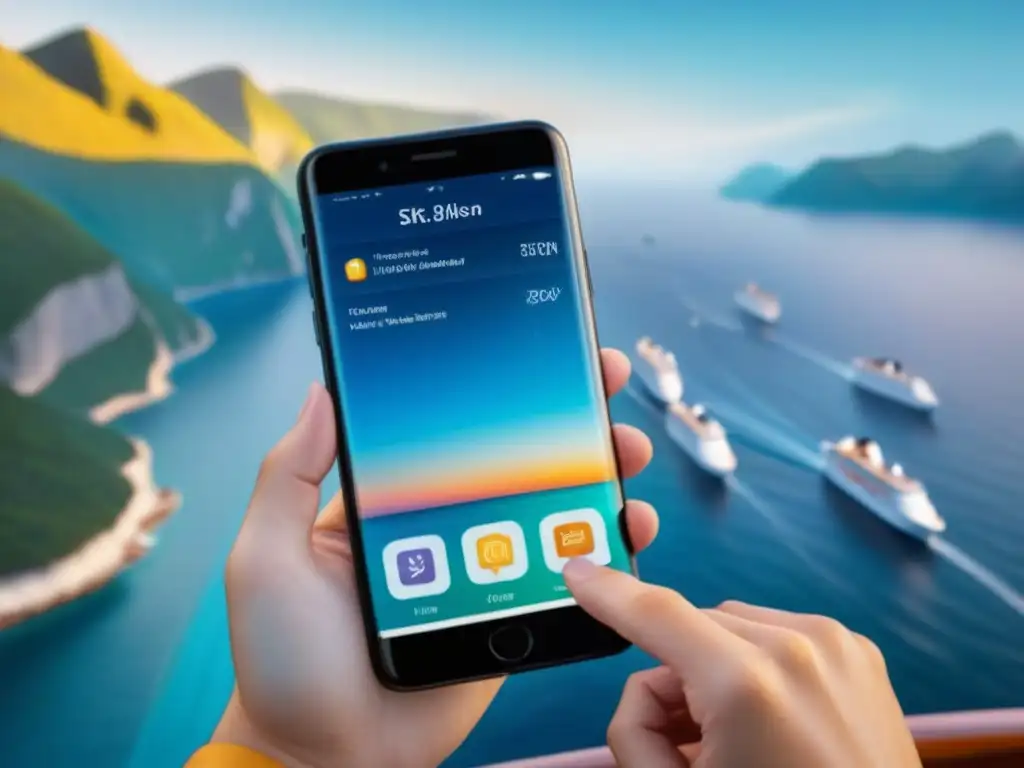 Una imagen de un smartphone futurista con apps para reservar excursiones crucero