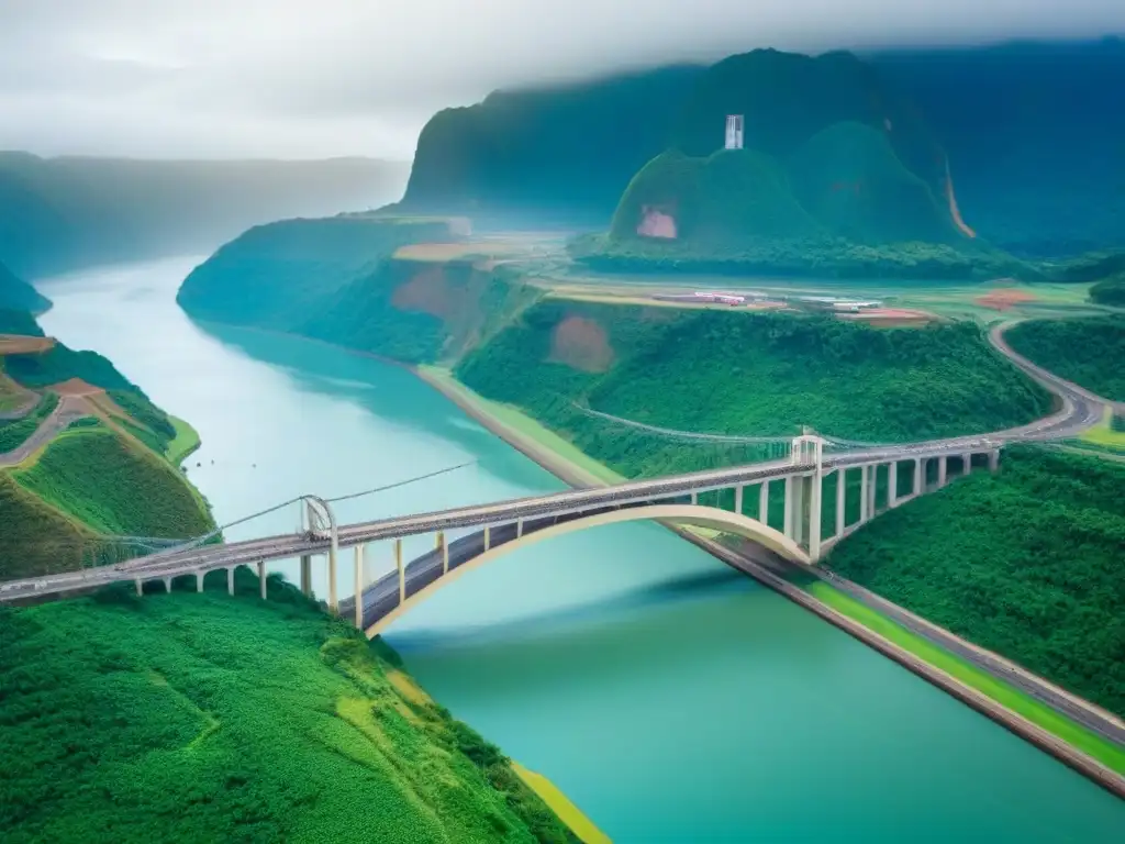 Una imagen 8k ultra detallada del Puente de las Américas sobre el Canal de Panamá, resaltando su diseño moderno y la exuberante vegetación circundante