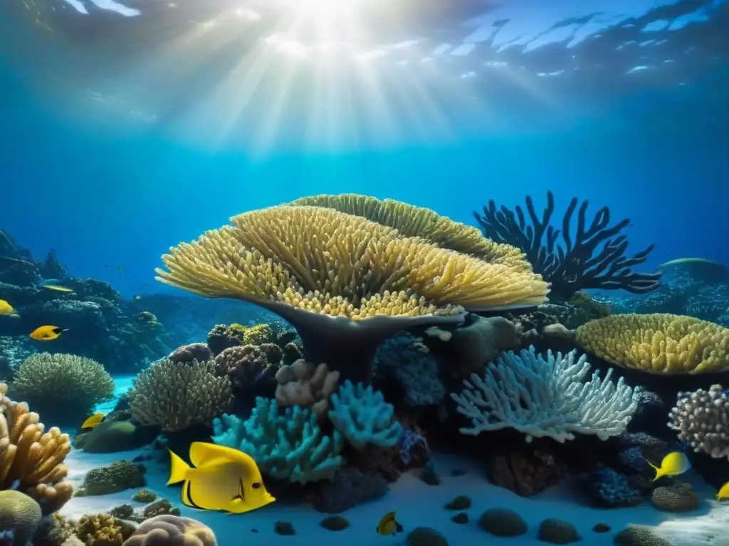 Impactante arrecife de coral lleno de vida marina y colores, en un mar azul cristalino