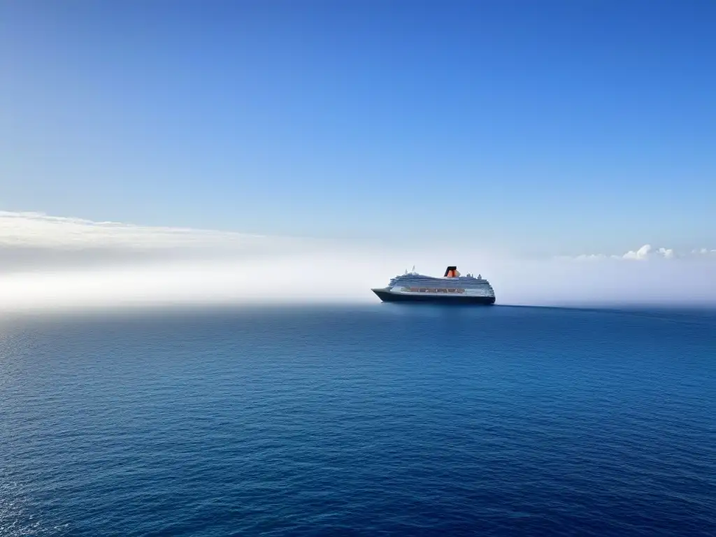 Impacto ambiental de cruceros: Un paisaje sereno de un océano prístino con un gran crucero a lo lejos, rodeado de aguas azules y cielo despejado