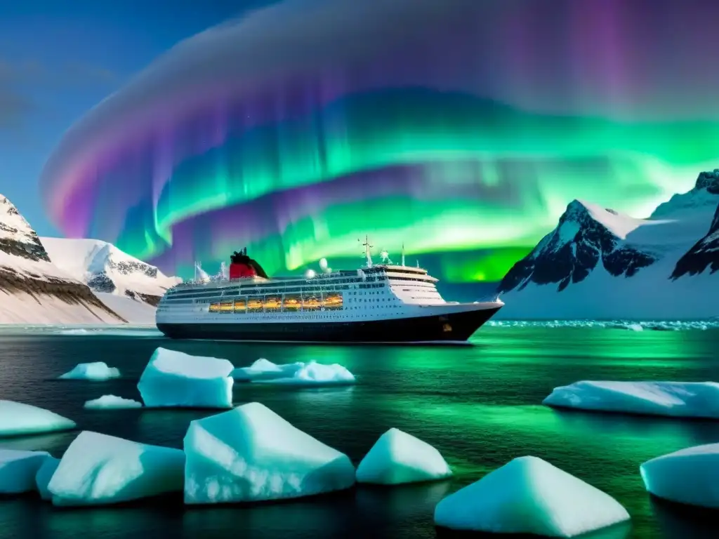 Impacto del cambio climático en cruceros marítimos en un paisaje ártico iluminado por auroras boreales