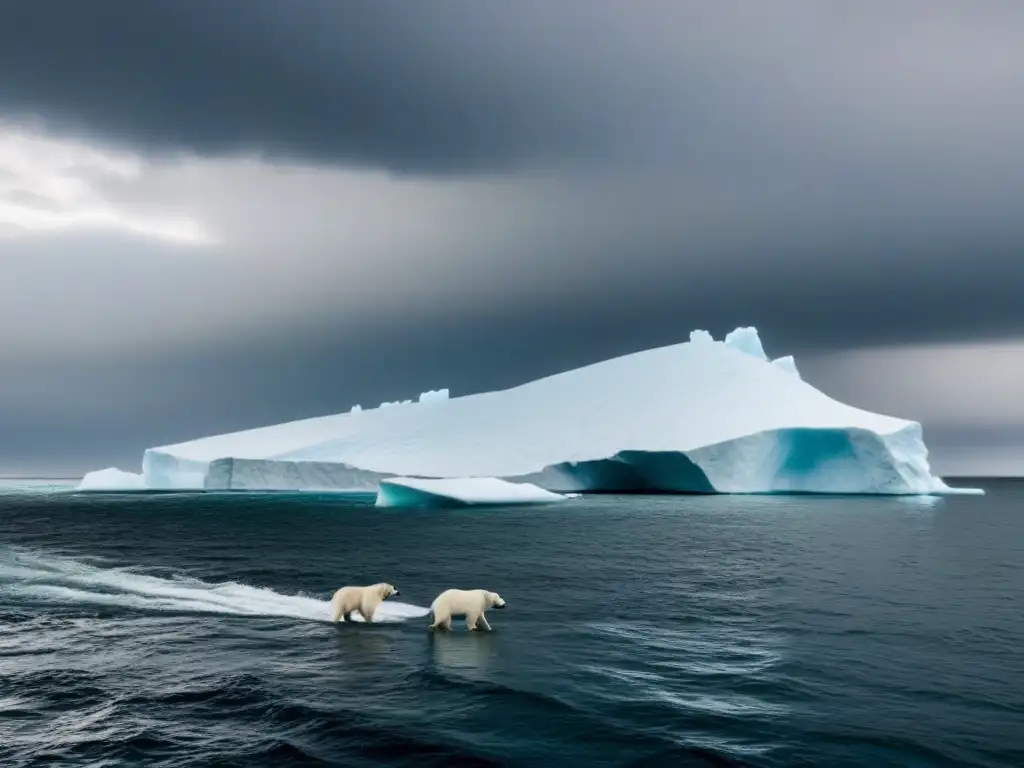 Impacto del cambio climático en cruceros: un barco navega entre icebergs con osos polares, bajo un cielo tormentoso