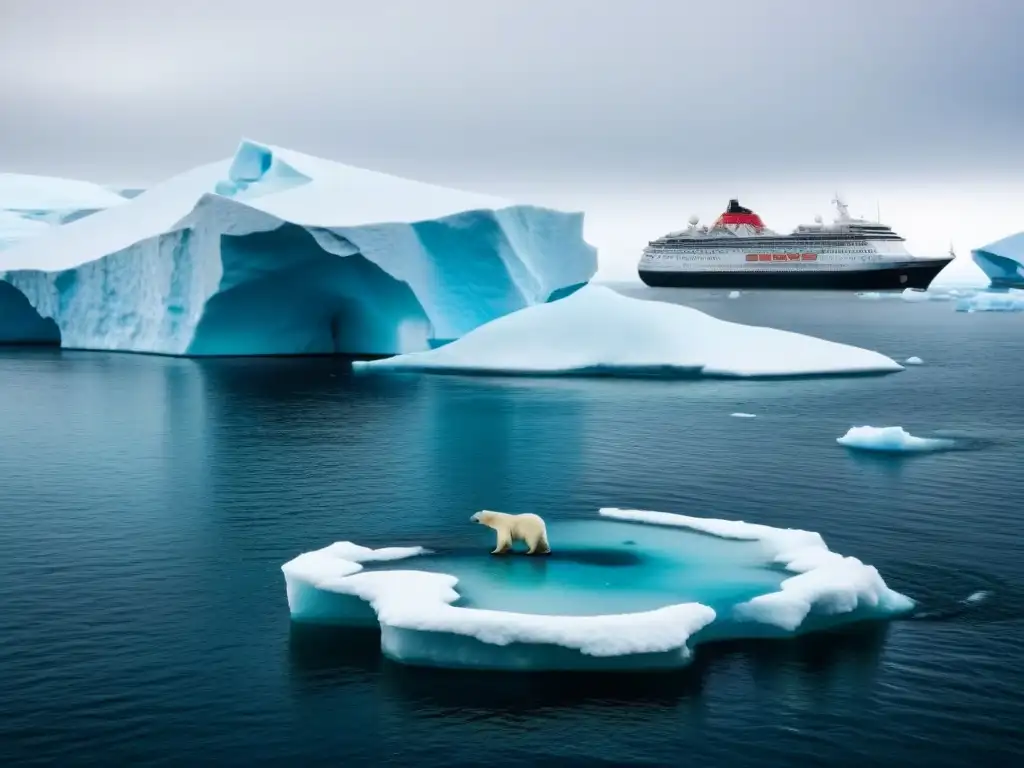 Impacto del cambio climático en cruceros marítimos en el Ártico: barco rodeado de icebergs y oso polar en iceberg