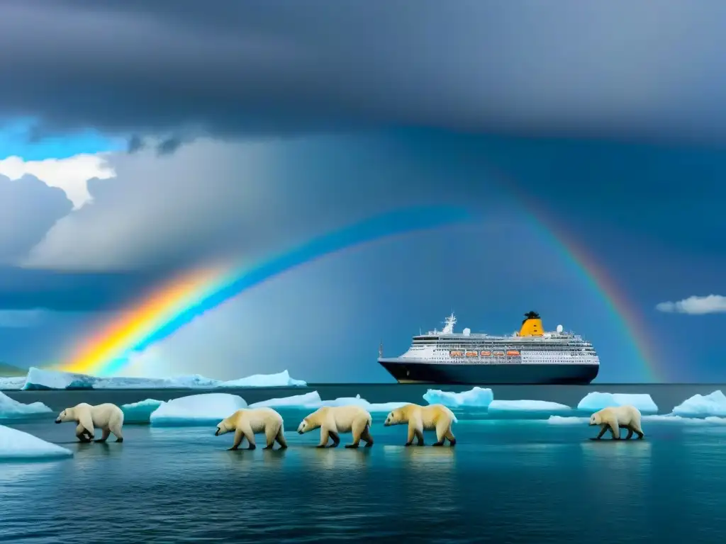 Impacto del cambio climático en medidas cruceros: barco entre osos polares en deshielo, cielo tormentoso con arcoíris