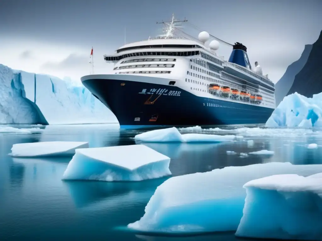 Impacto del cambio climático en rutas de crucero: un barco navegando entre glaciares derretidos, reflejando la urgencia ambiental