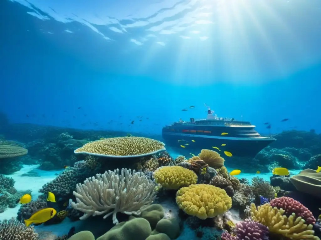 Impacto de cruceros en ecosistemas marinos: arrecife de coral vibrante con peces coloridos y un barco de crucero en la distancia