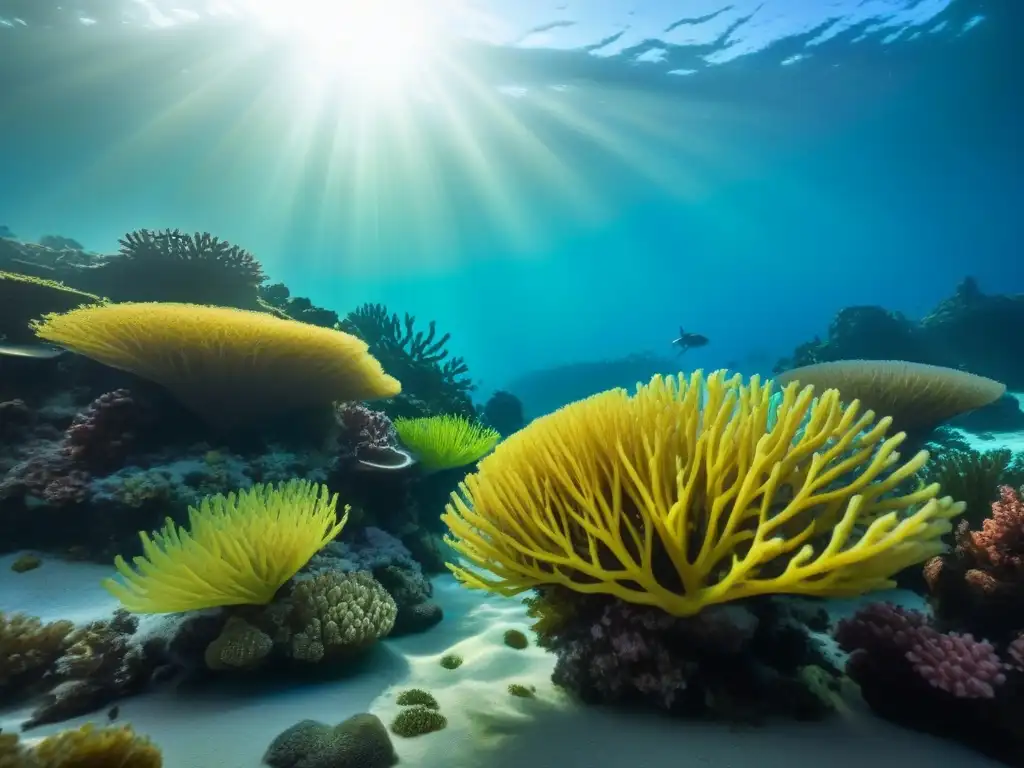 impacto cruceros ecosistemas marinos: Arrecife de coral vibrante y vida marina colorida bajo el agua con luz solar cálida filtrándose