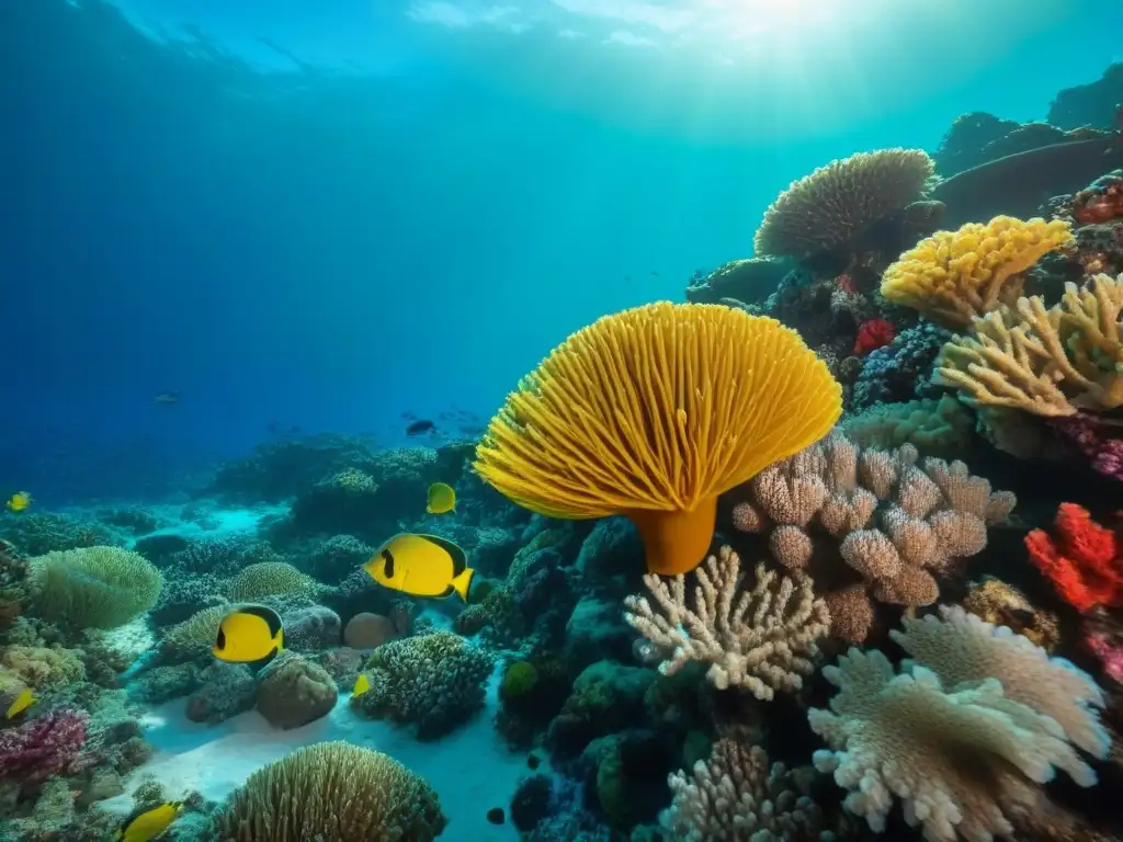 Impacto de cruceros en ecosistemas marinos: arrecife de coral vibrante con vida marina colorida bajo la luz del sol