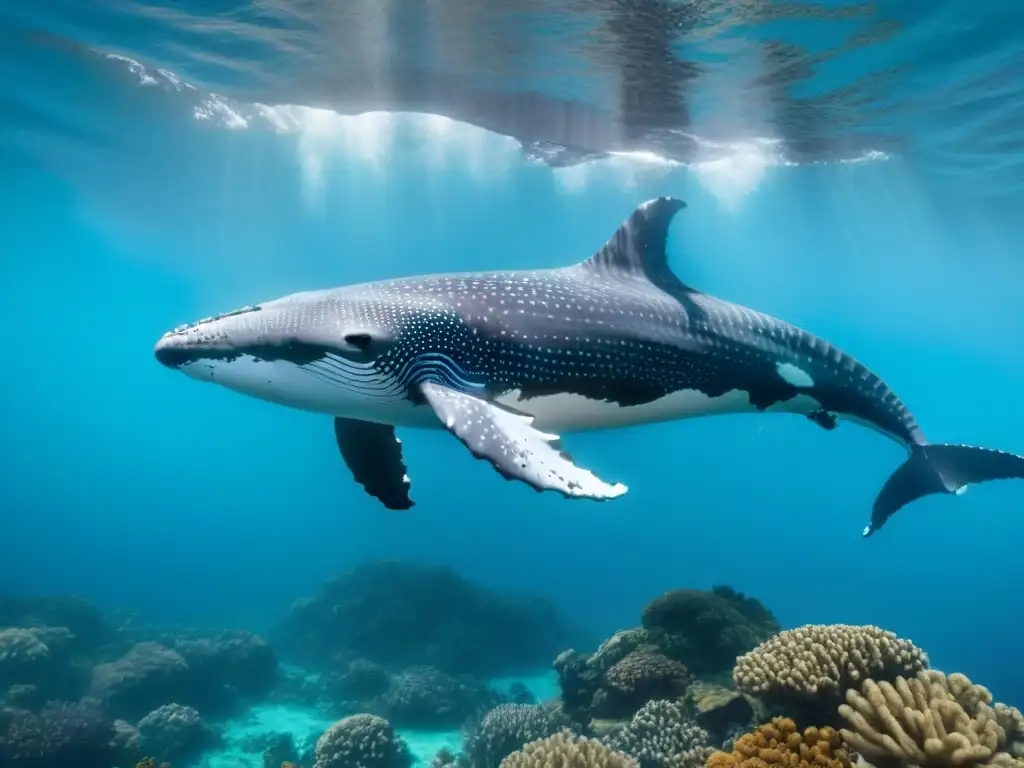 Impacto de cruceros en la biodiversidad marina: Majestuosa ballena jorobada nadando entre peces y corales en aguas turquesas