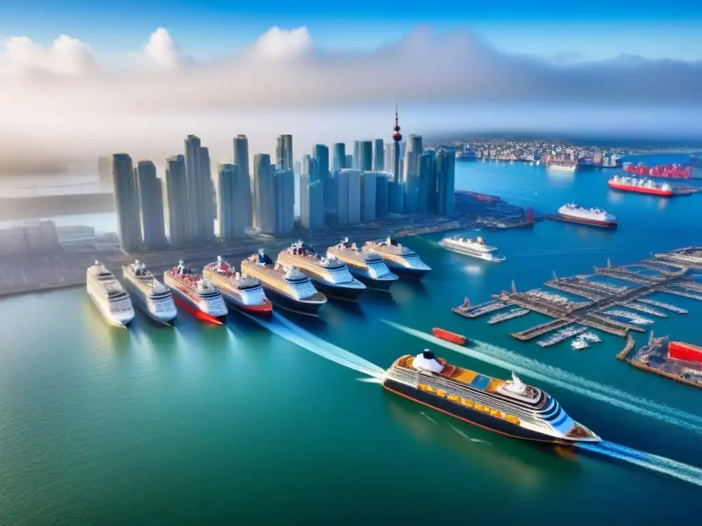 Contraste entre cruceros y propiedades locales en puerto urbano Impacto de cruceros en el mercado inmobiliario local: contraste entre majestuosos barcos y propiedades costeras en una ciudad portuaria bulliciosa