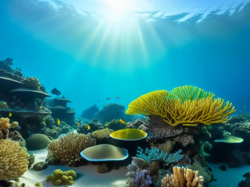 Impacto cruceros arrecifes fotografía: Arrecife de coral vibrante con peces coloridos y formaciones intricadas bajo el sol brillante