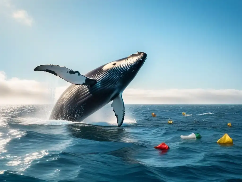 Impacto de desechos de cruceros en hábitats oceánicos: majestuosa ballena nada entre contaminación marina