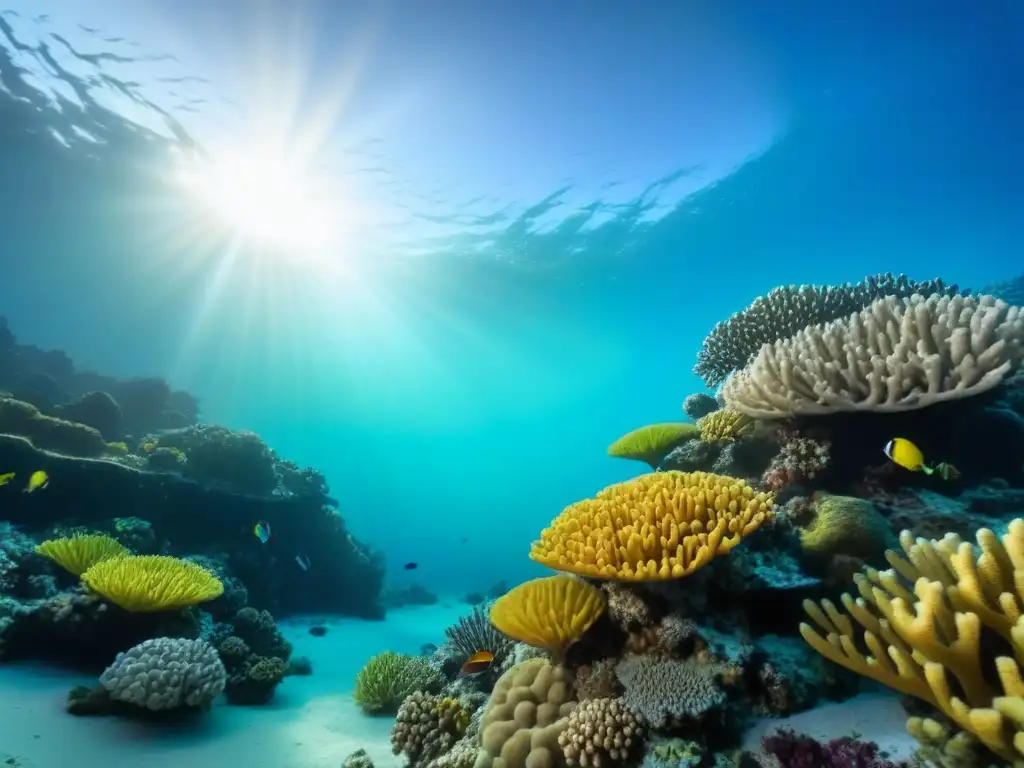 Impacto ecosistemas marinos cruceros: un vibrante arrecife de coral lleno de vida marina colorida y plantas marinas ondulantes en aguas cristalinas