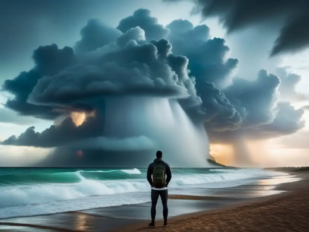 Impacto de fenómenos naturales en paisajes marinos: tormenta de monzón poderosa acercándose, con nubes oscuras y lluvia intensa