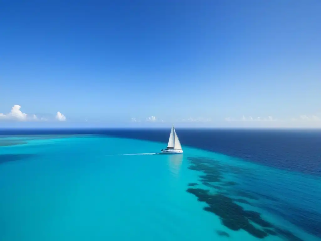 Impacto social en turismo marítimo: Serenidad en un mar turquesa con velero blanco al fondo, cielo azul claro