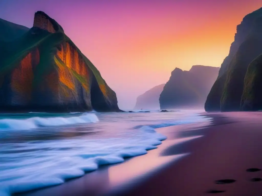 Impacto visual en paisajes: playa virgen al atardecer con olas suaves, acantilados y figura solitaria