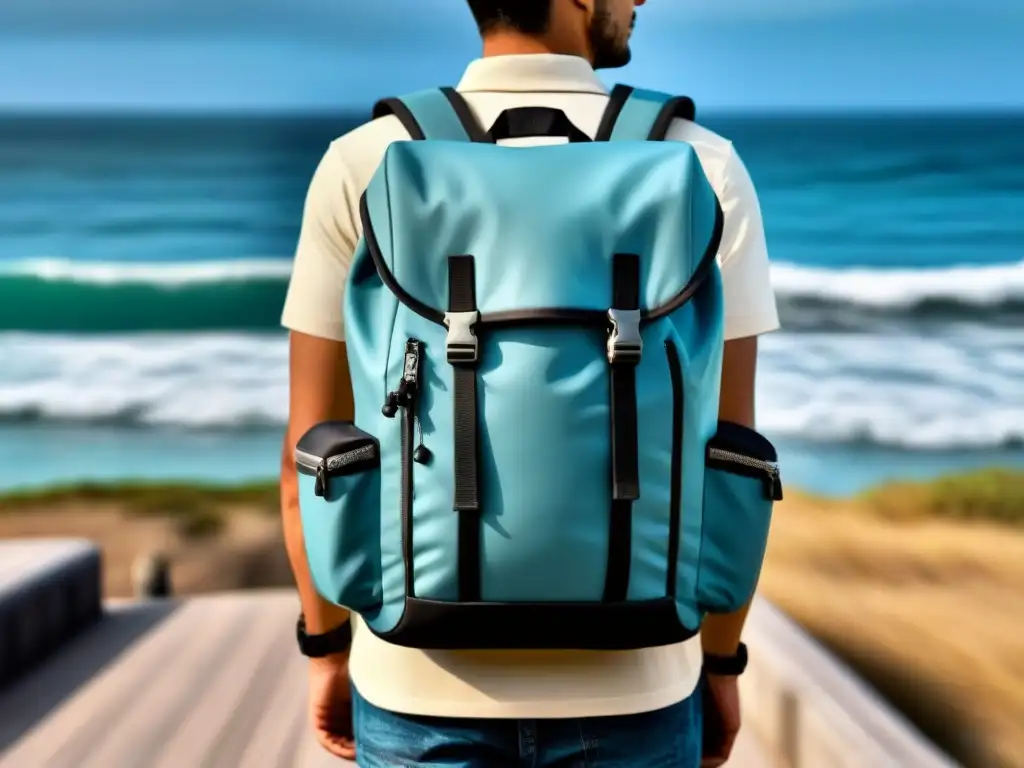 Mochila impermeable para explorador marítimo en un entorno sereno con olas y gaviotas