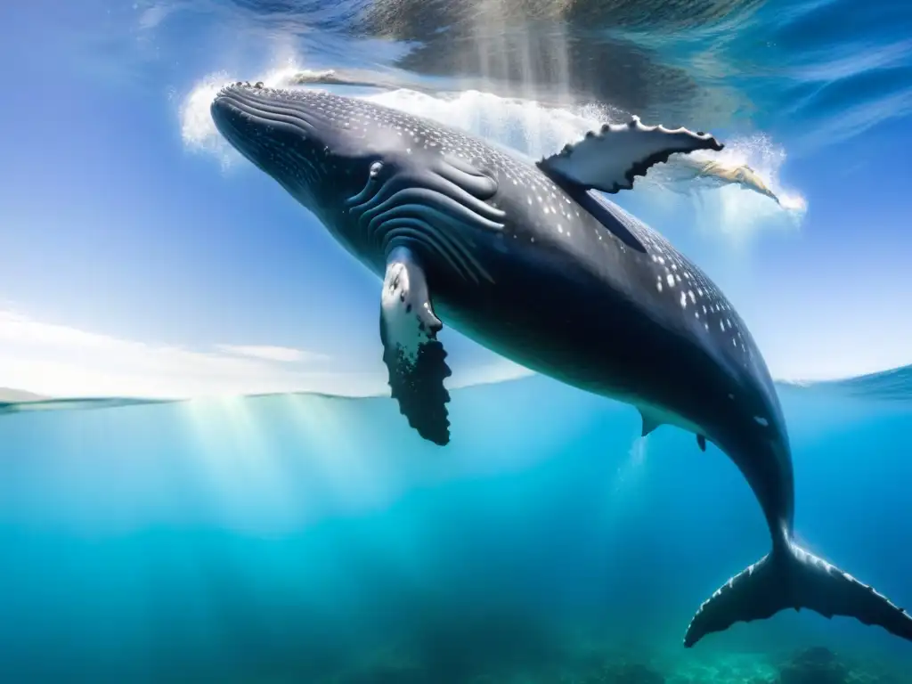 Imponente ballena jorobada saltando en aguas cristalinas sobre arrecife de coral colorido