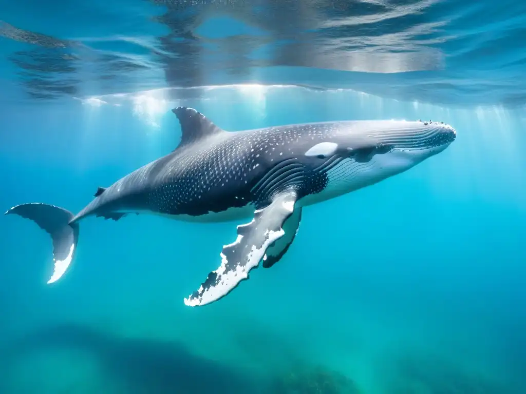 Imponente ballena jorobada nadando en aguas turquesas, con la luz solar reflejada