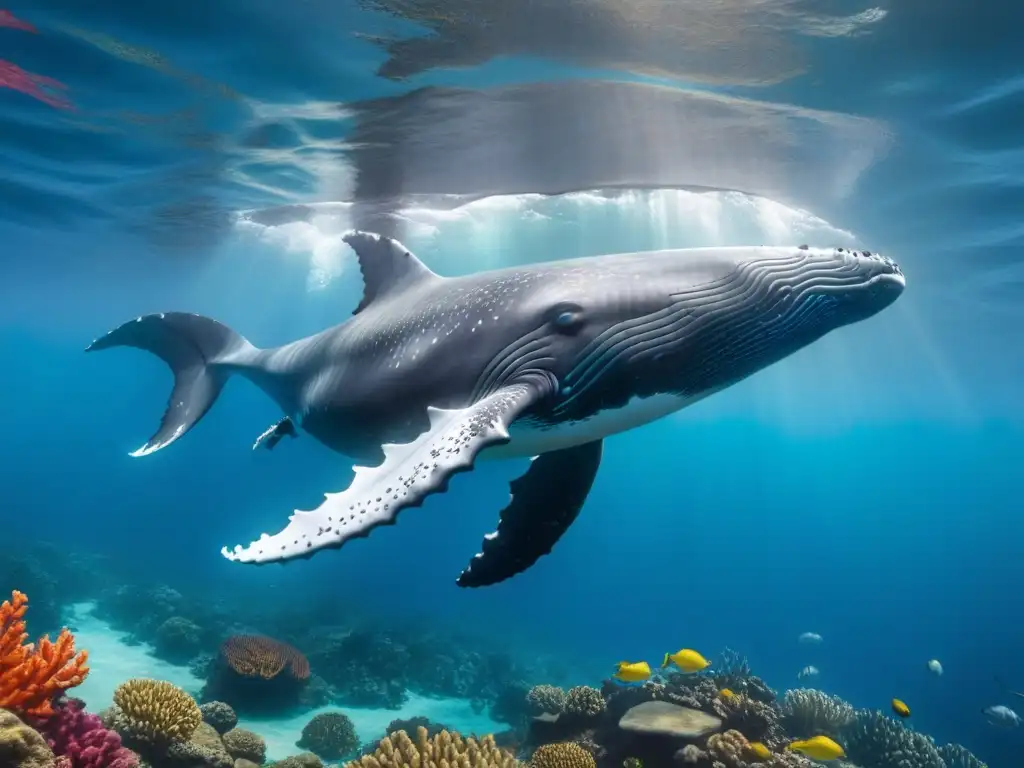 Imponente ballena jorobada nada grácil entre peces y corales en aguas cristalinas