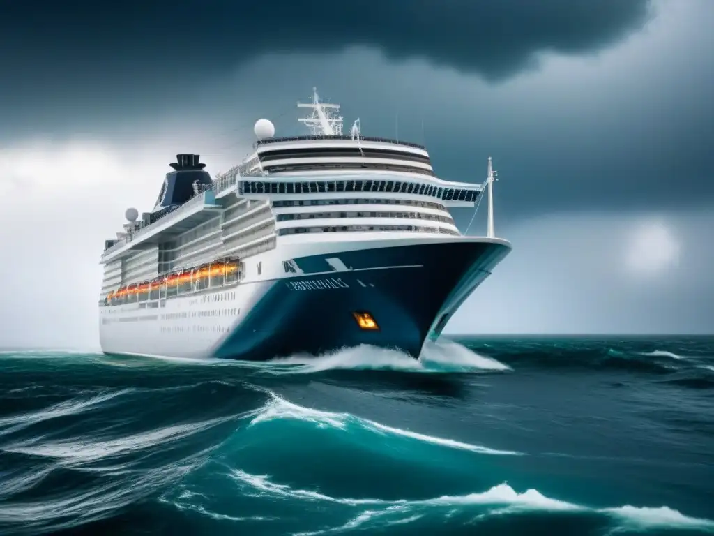 Imponente crucero en aguas turbulentas bajo un cielo tormentoso, destacando la vulnerabilidad ante el cambio climático