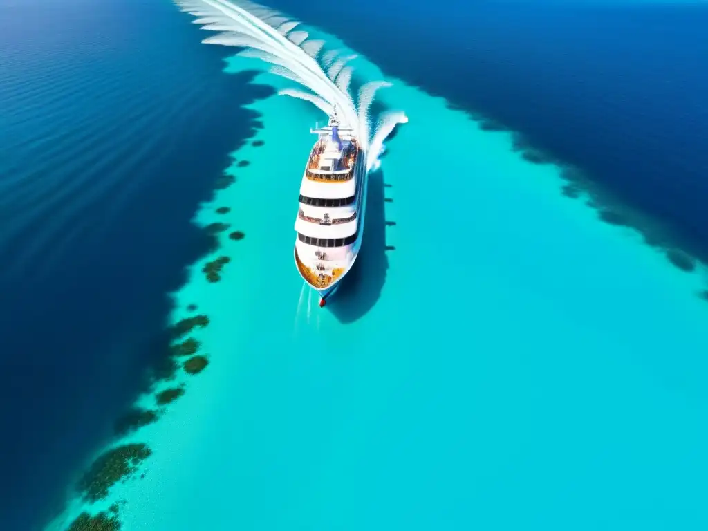 Imponente crucero navegando en aguas turquesas, con un dron capturando la escena