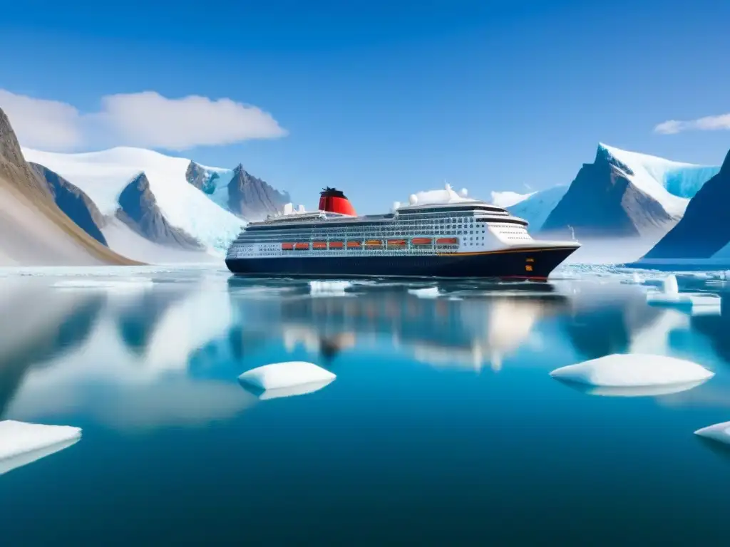 Un imponente crucero de exploración polar navegando entre gigantes de hielo en un paisaje helado y salvaje