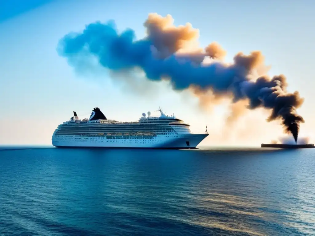 Un imponente crucero emitiendo humo oscuro en un tranquilo océano, simbolizando la huella de carbono del turismo marítimo