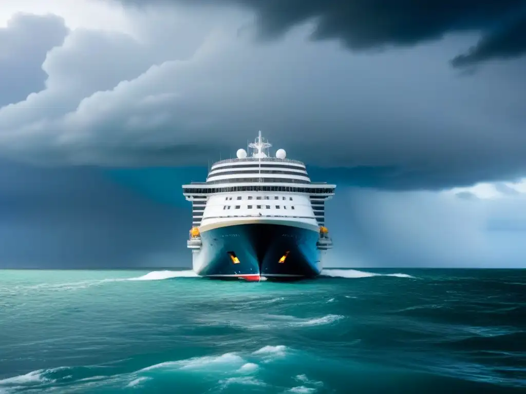 Imponente crucero rodeado de nubes de tormenta, simbolizando el impacto de cruceros en el cambio climático