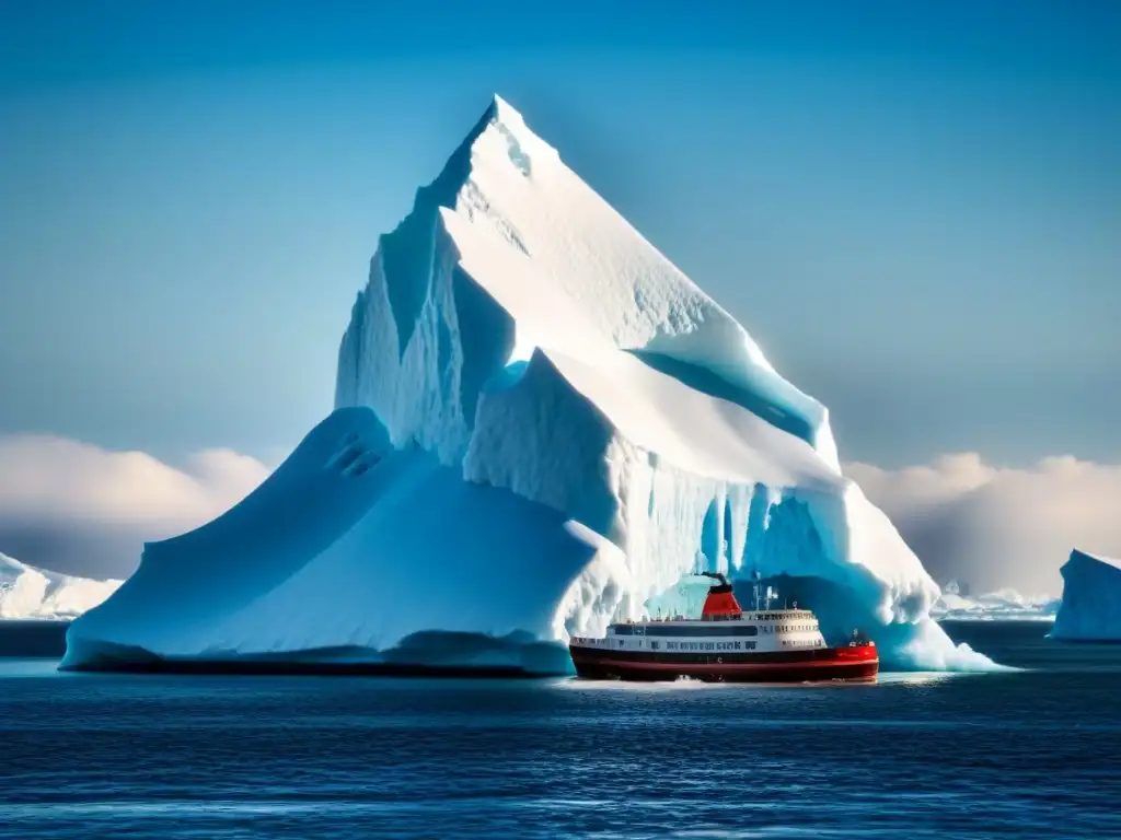 Imponente iceberg polar gigante junto a barco de expedición, reflejando la grandeza y belleza del hielo