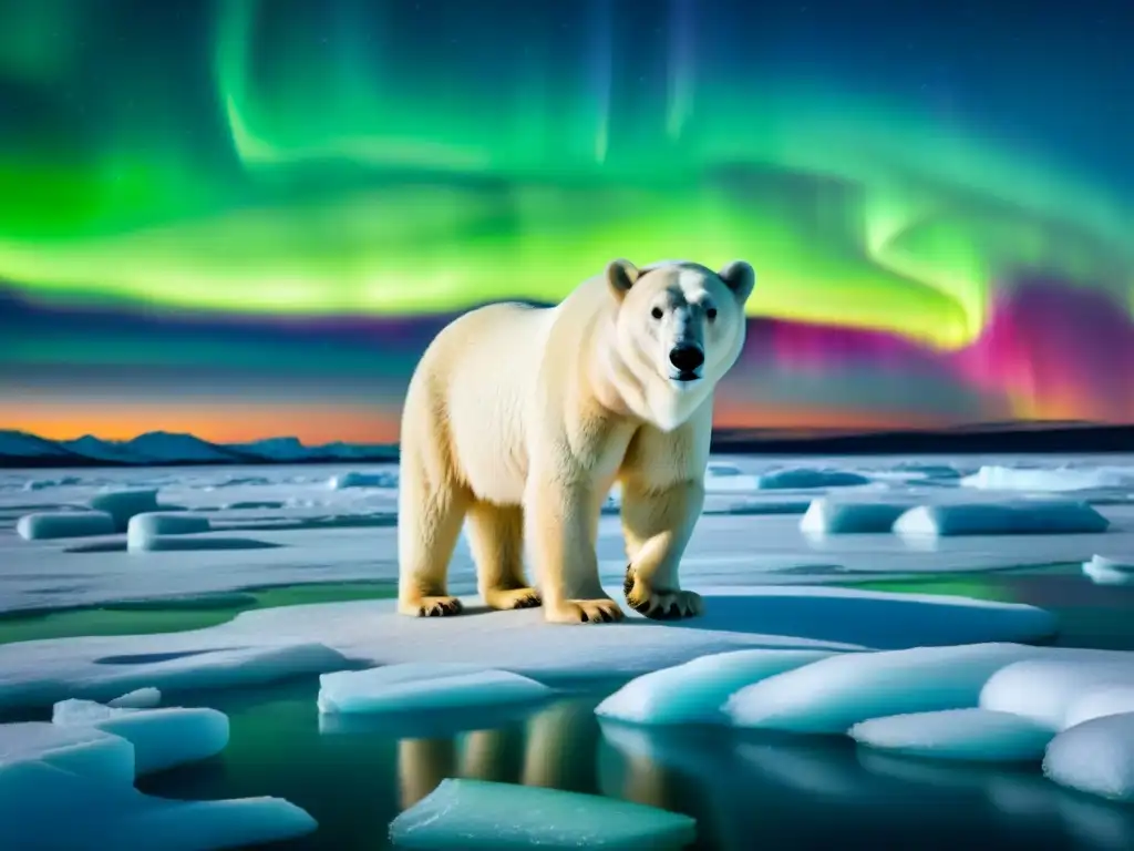 Imponente oso polar en hielo brillante con auroras boreales reflejadas, ideal para 'Guía para elegir crucero polar'