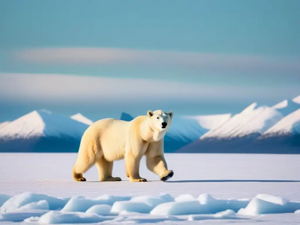 Un imponente oso polar en un paisaje helado con montañas nevadas y cielo ártico rosa