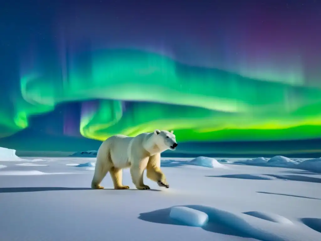 Imponente oso polar en paisaje helado bajo auroras boreales