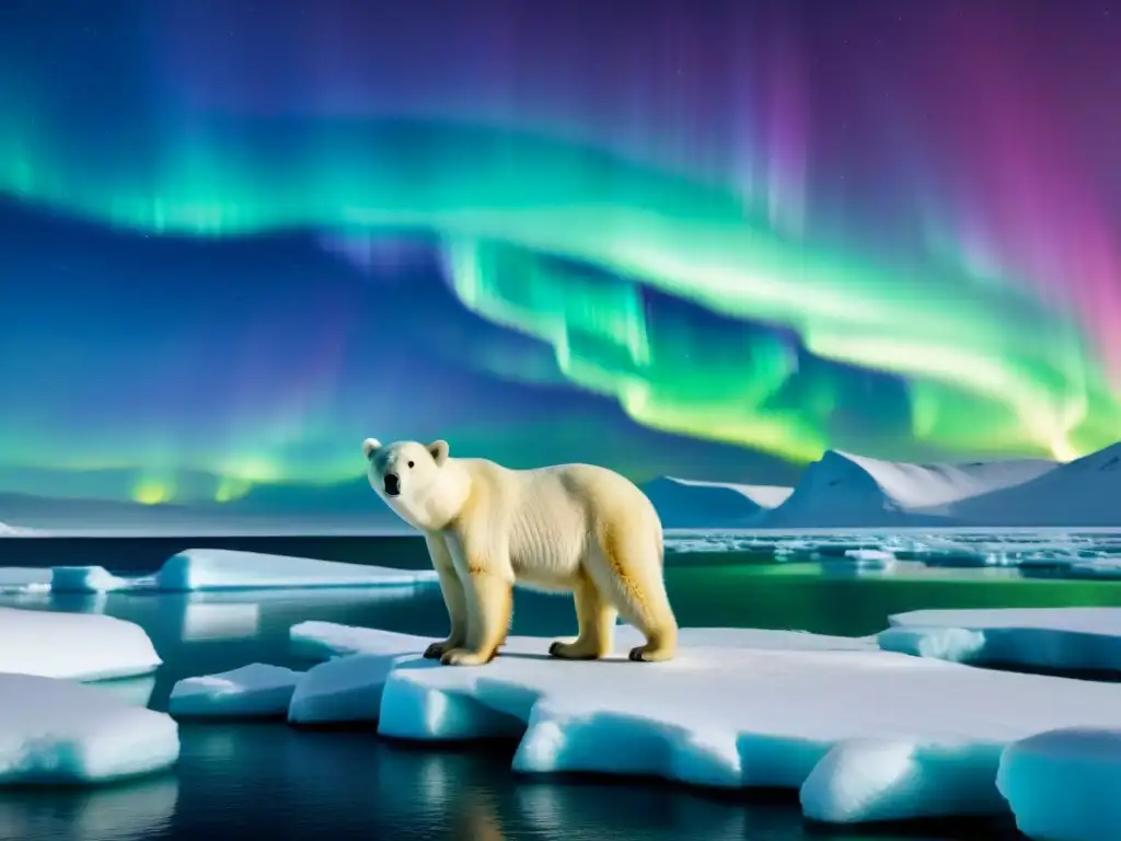 Imponente oso polar en un témpano de hielo, bajo la aurora boreal