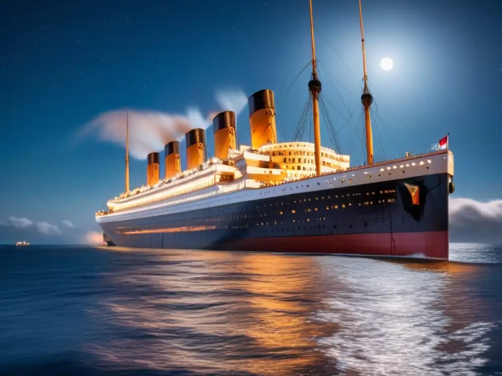 Imponente Titanic navegando en la noche estrellada, detalle de su arquitectura y el impacto del turismo marítimo histórico