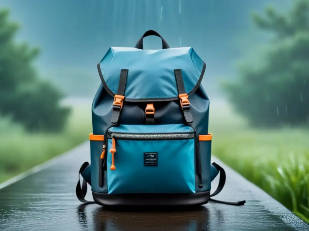 Importancia del equipamiento impermeable en un crucero: mochila de alta calidad bajo la lluvia, con gotas deslizándose en un fondo azul y gris