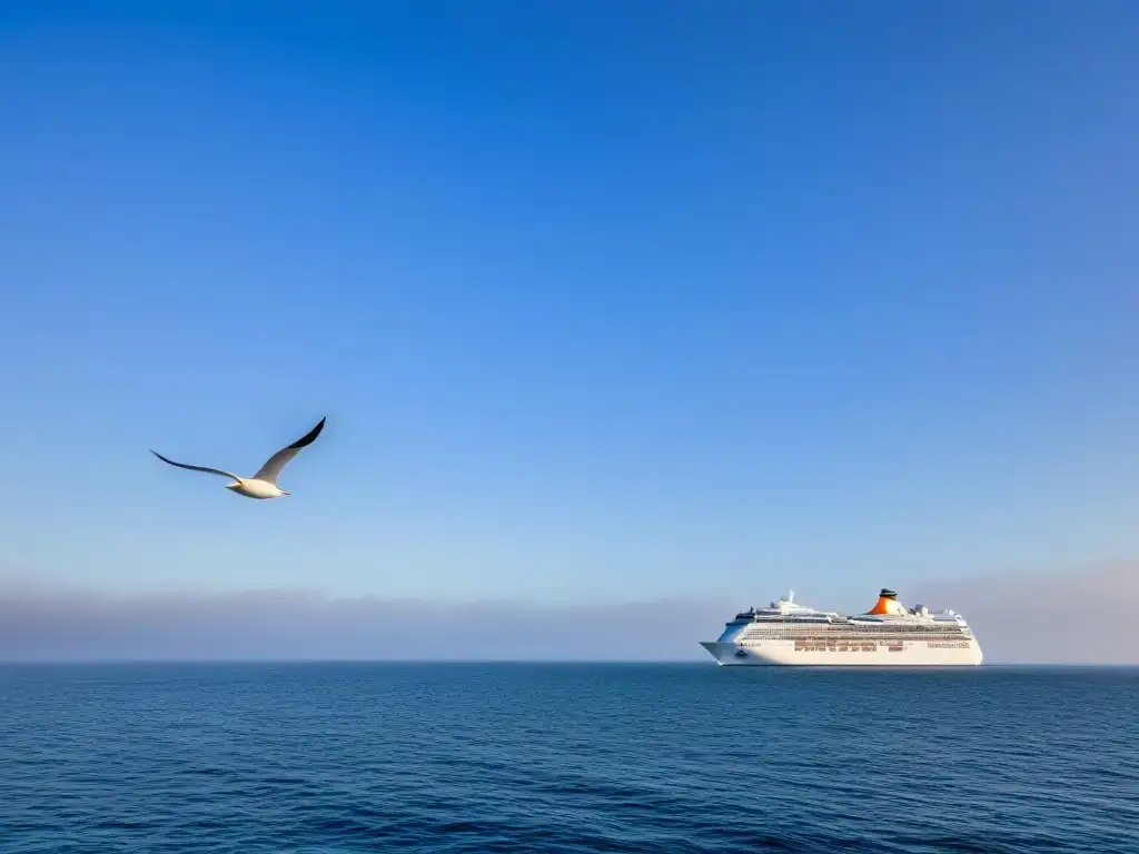 Importancia del seguro en crucero de vacaciones: un barco navegando en aguas tranquilas con cielo azul y una gaviota