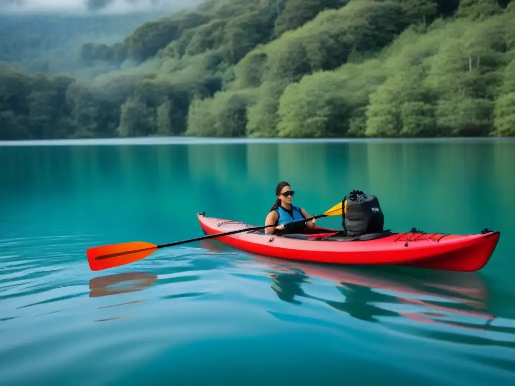 Un imprescindible: bolsa seca negra con ventana transparente para kayak y paddleboarding en un lago sereno