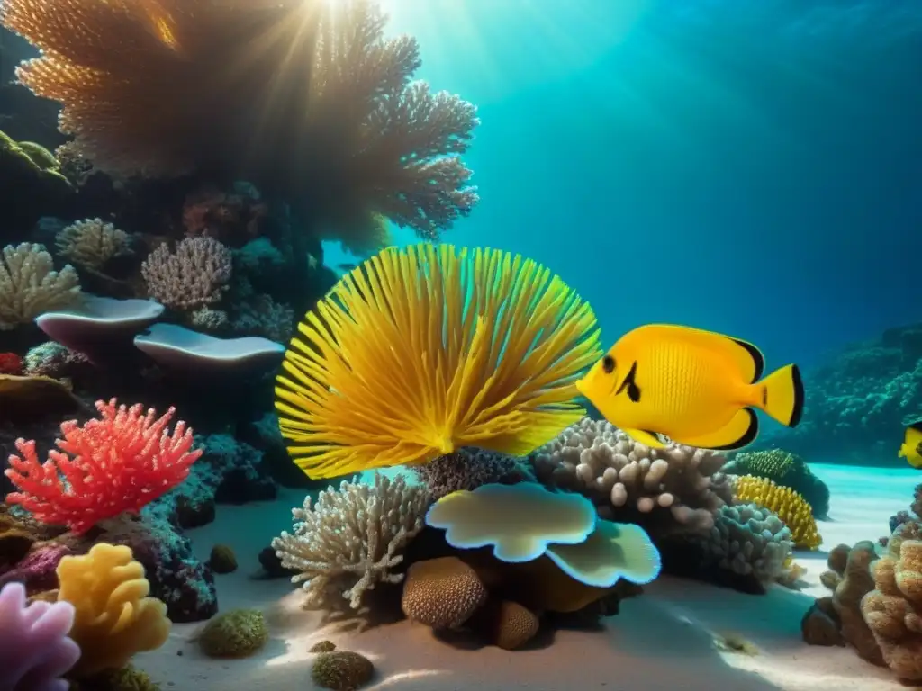 Un impresionante arrecife de coral lleno de peces tropicales coloridos, bajo el sol dorado