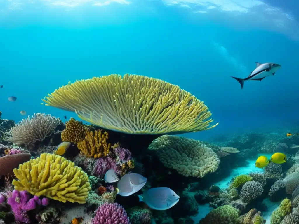 Una fotografía impresionante de arrecifes de coral rebosantes de vida marina en un vibrante ecosistema marino