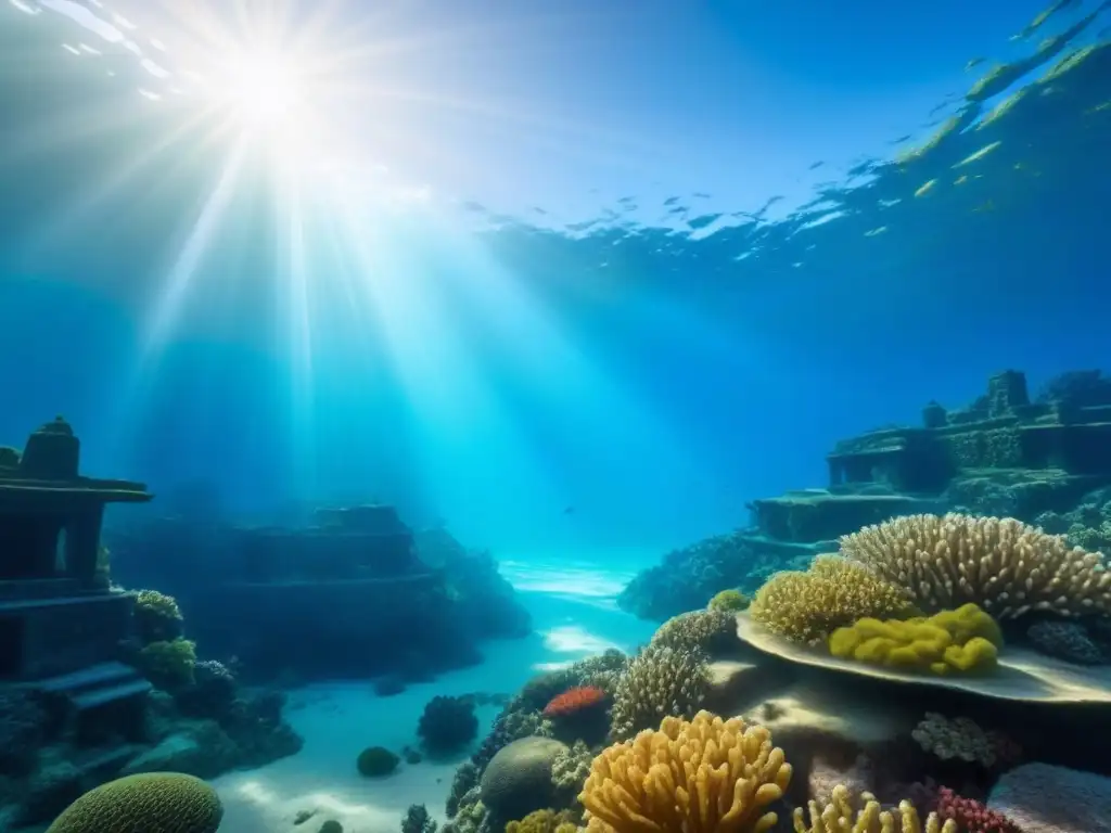 Descubre la impresionante ciudad submarina con estructuras de piedra cubiertas de coral y vida marina, bajo el agua azul brillante y rayos de sol