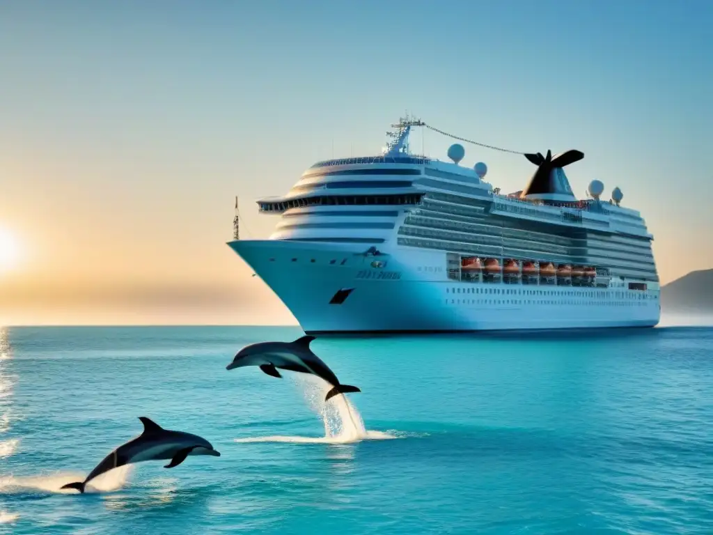 Impresionante crucero en aguas turquesas con delfines, reflejando el impacto ambiental de las inversiones en cruceros